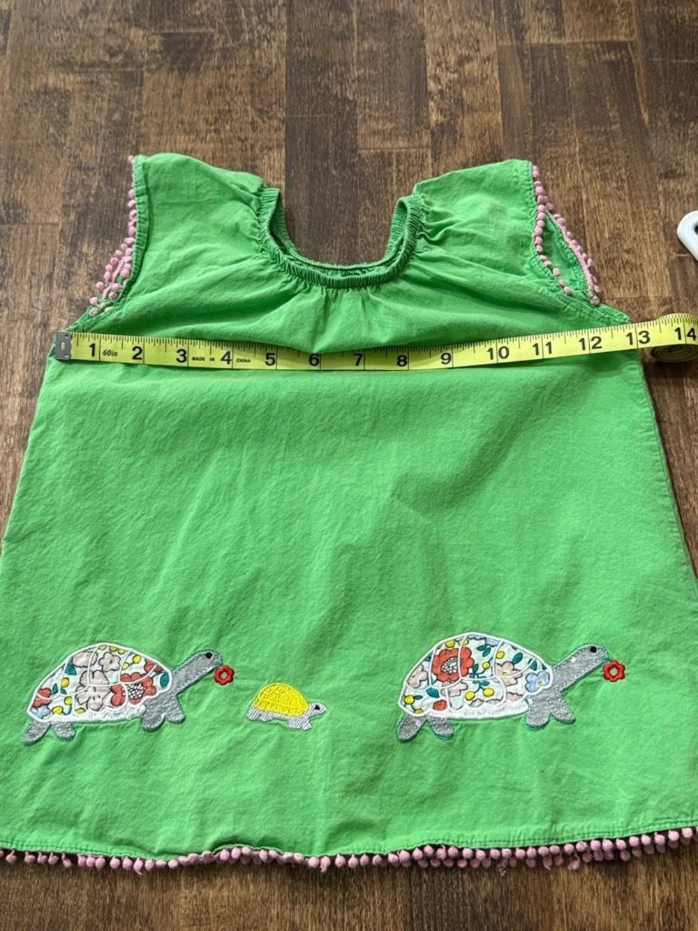 CARTER'S Cotton Green Pom-Trim Turtle Appliqué Dress Size 6-9M